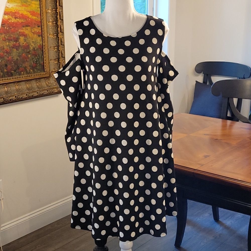 42 POPS sz sm,  black dress with white polka dots cold shouldered